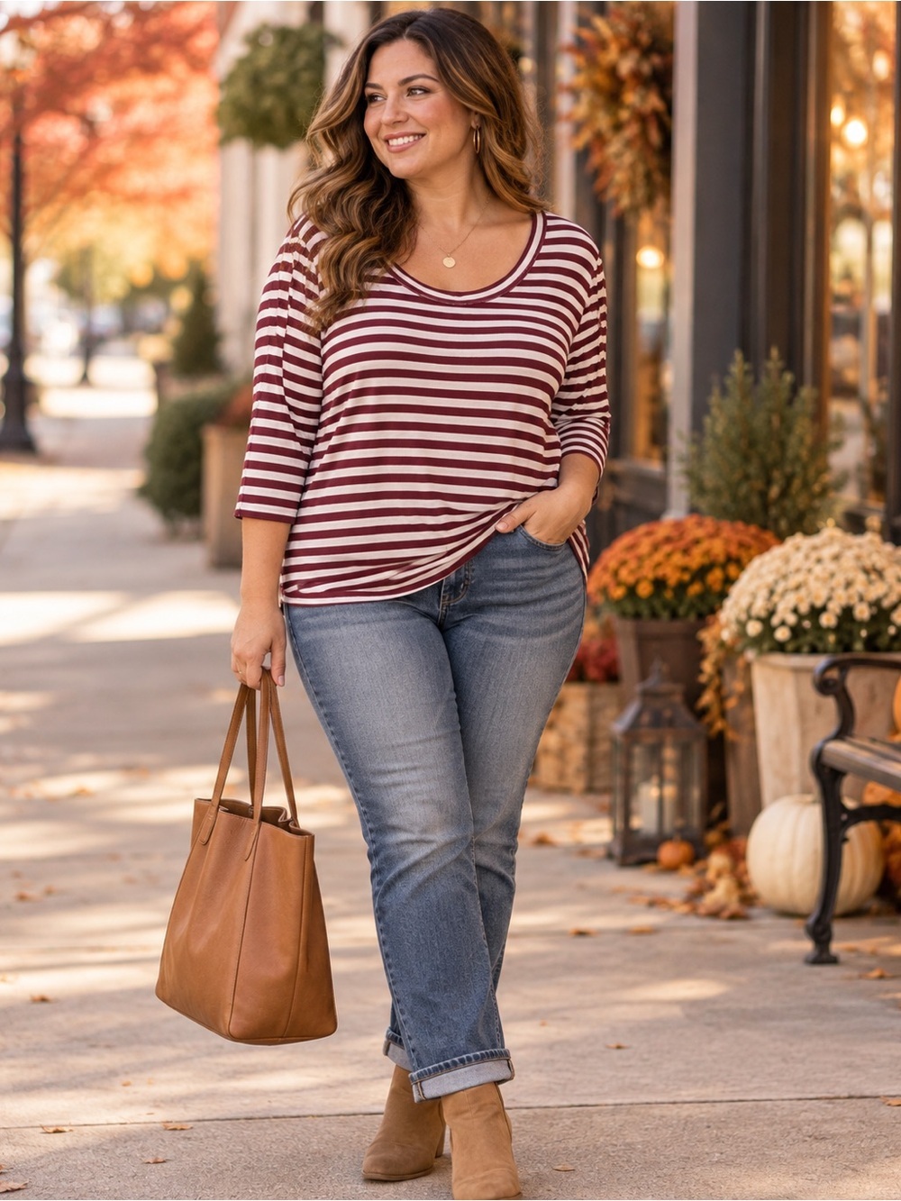 Evy’s Tree Maroon & White Striped 3/4 Sleeve Top XL